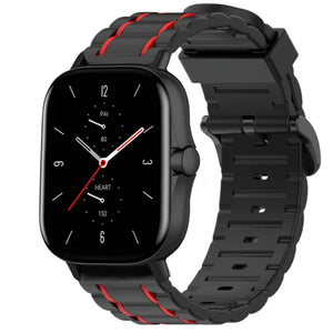Silicone Strap 'Tough', black/red, on a watch, 3/4 front view