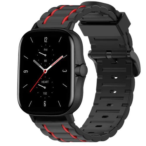Silicone Strap 'Tough', black/red, on a watch, 3/4 front view