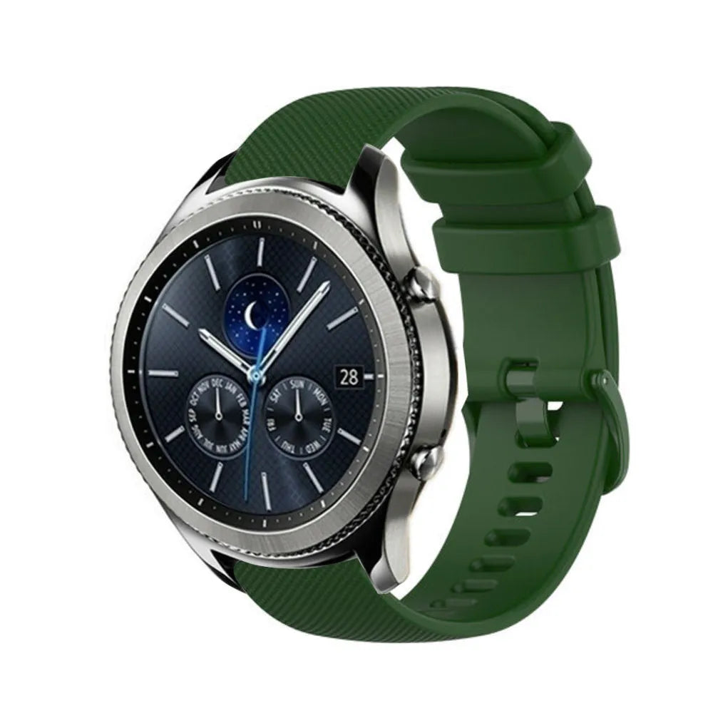 Premium Silicone Strap, army green, on a watch, 3/4 front view