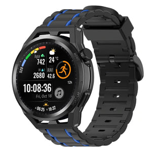 Silicone Sport Strap with Buckle, black/blue, on a watch, 3/4 front view