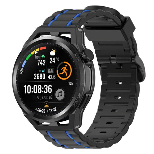 Silicone Sport Strap with Buckle, black/blue, on a watch, 3/4 front view