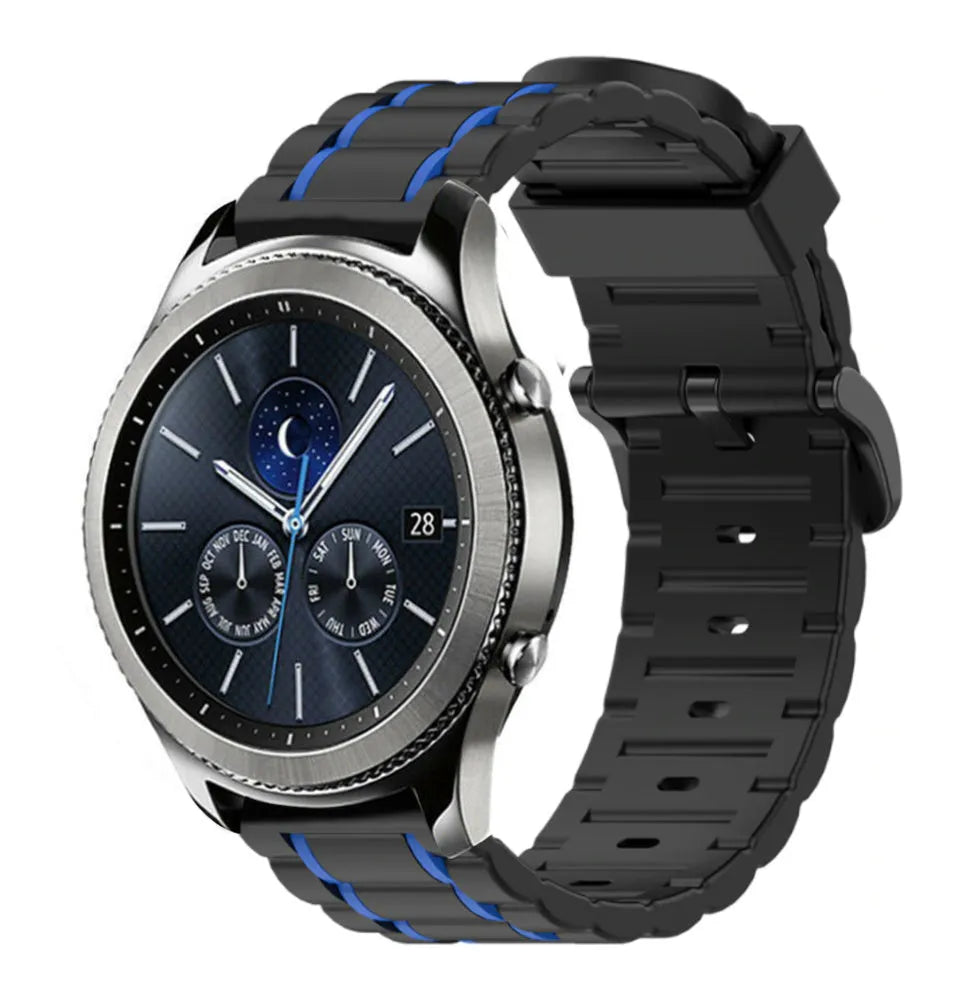 Silicone Sport Strap with Buckle, black/blue, on a watch, 3/4 front view