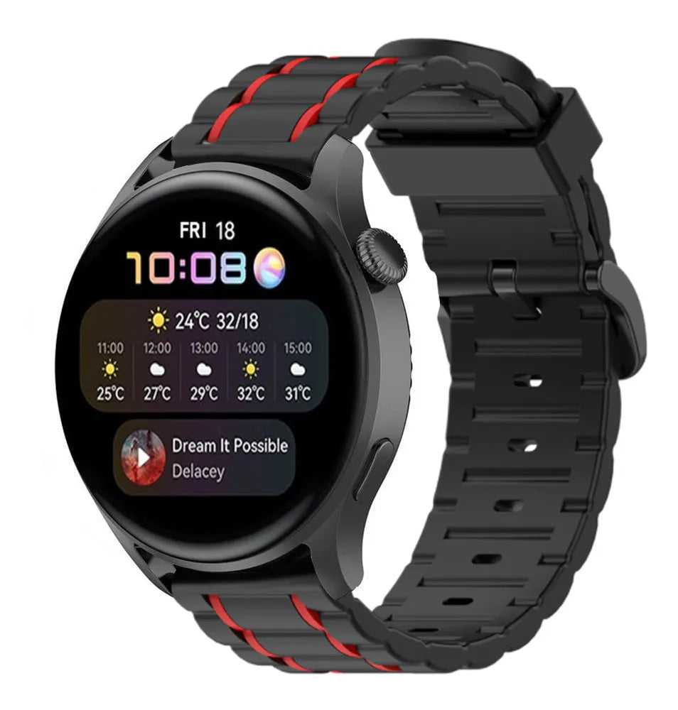 Silicone Sport Strap with Buckle, black/red, on a watch, 3/4 front view