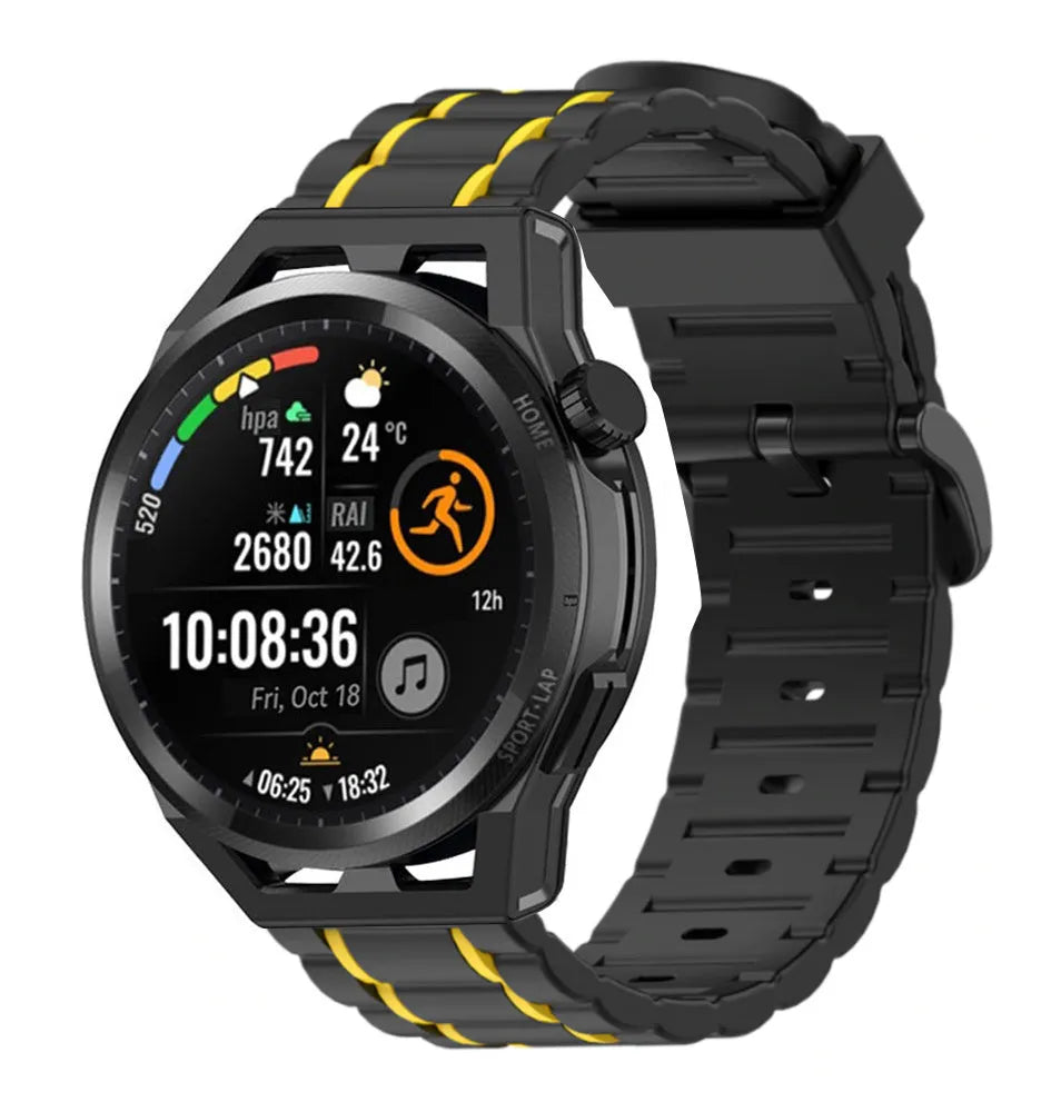 Silicone Sport Strap with Buckle, black/yellow, on a watch, 3/4 front view