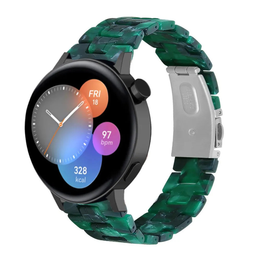 Metal Resin Strap, green, on a watch, 3/4 front view