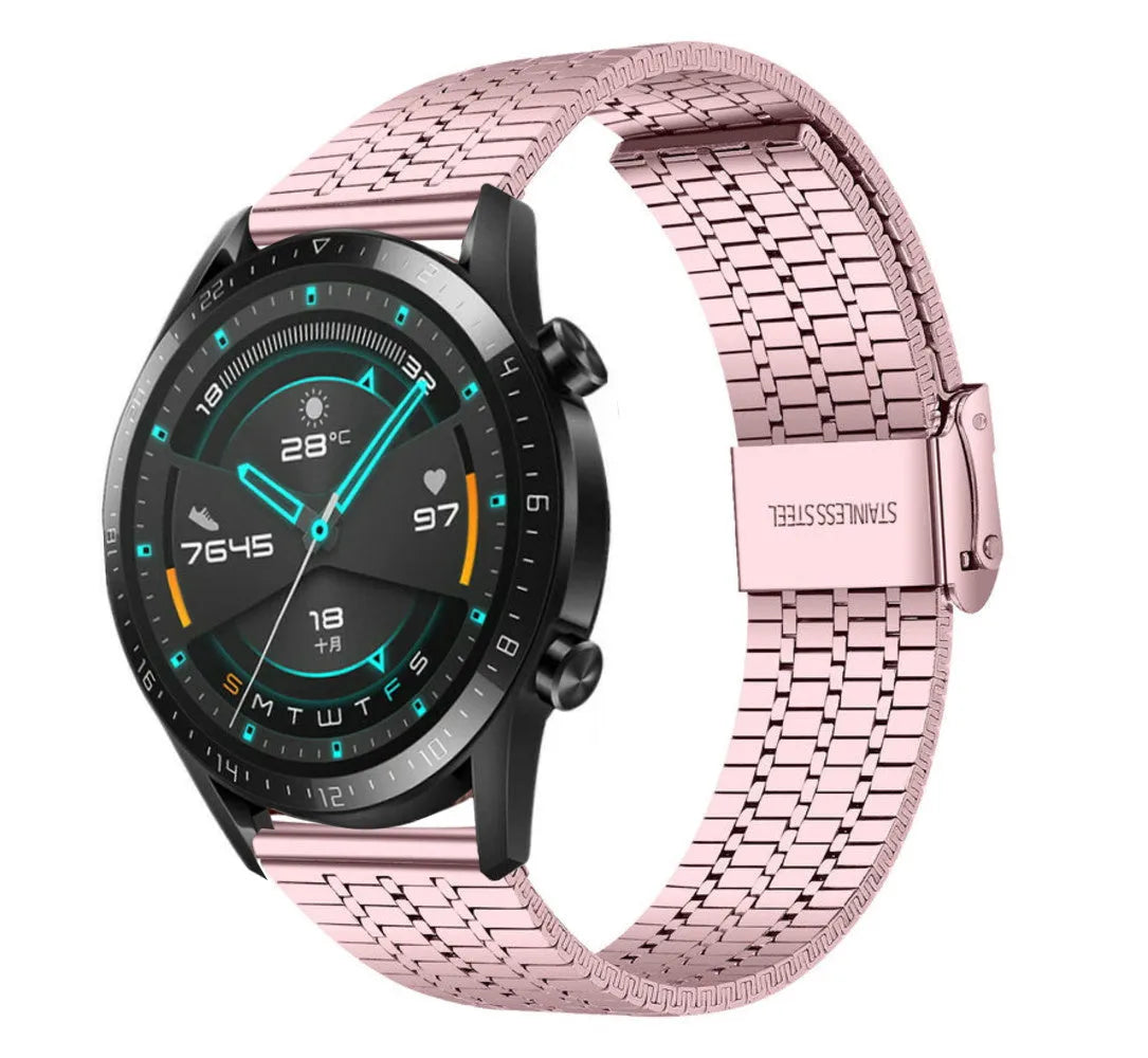 Fine Steel Strap, pink, on a watch, 3/4 front view