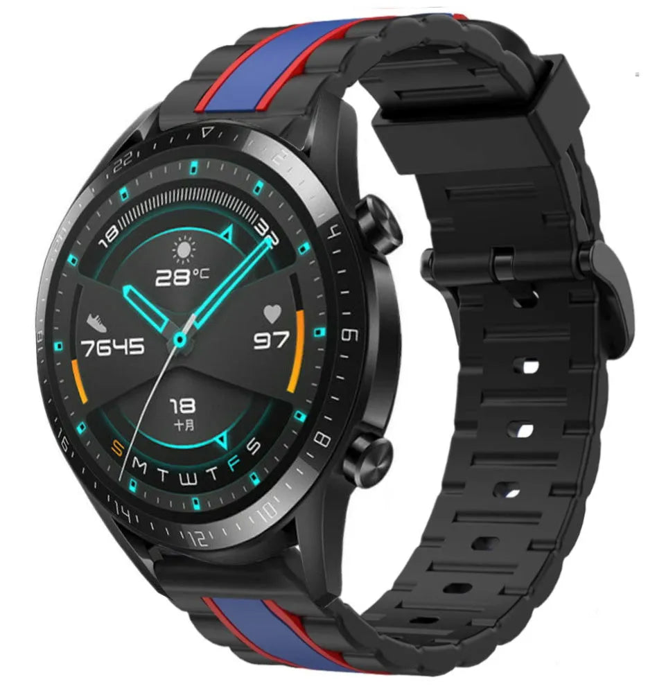 Silicone Special Edition Strap, black/blue, on a watch, 3/4 front view
