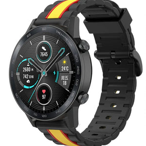 Silicone Special Edition Strap, black/yellow, on a watch, 3/4 front view