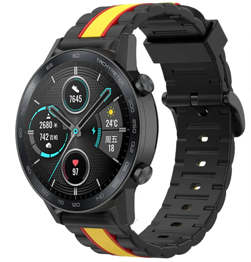 Silicone Special Edition Strap, black/yellow, on a watch, 3/4 front view
