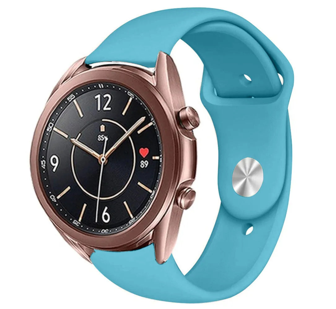 Silicone Sport Strap, light blue, on a watch, 3/4 front view