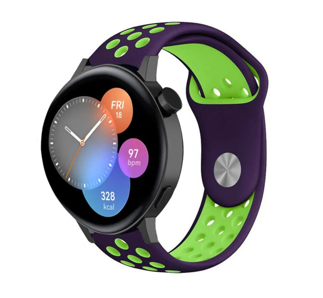 Silicone Sport Strap, purple/green, on a watch, 3/4 front view
