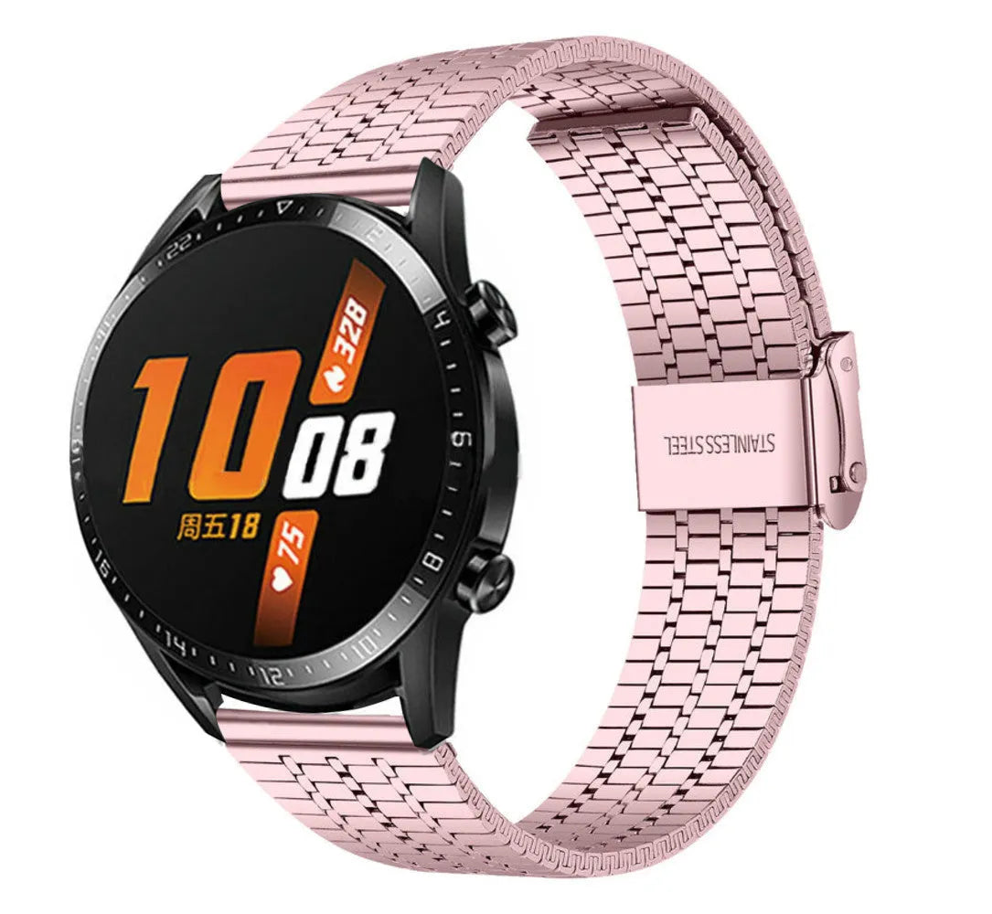 Fine Steel Strap, pink, on a watch, 3/4 front view