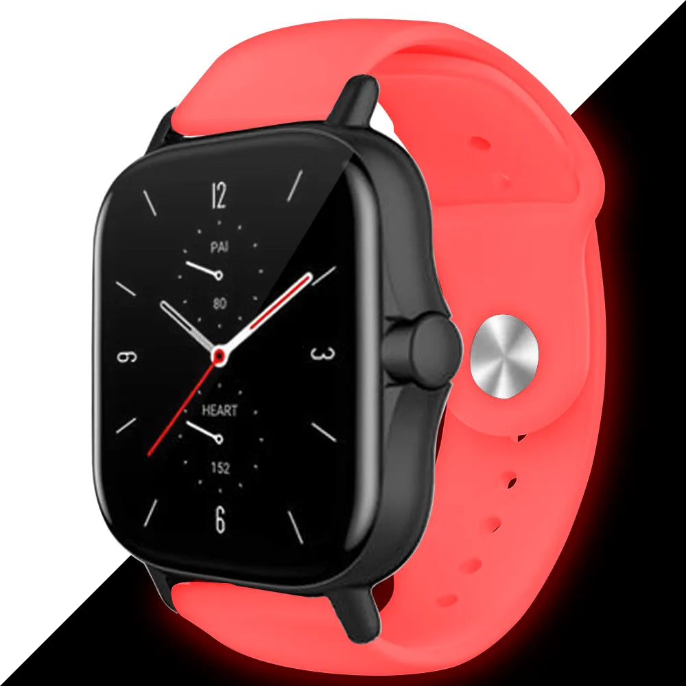 Silicone Glow in the Dark Strap, red, on a watch, 3/4 front view