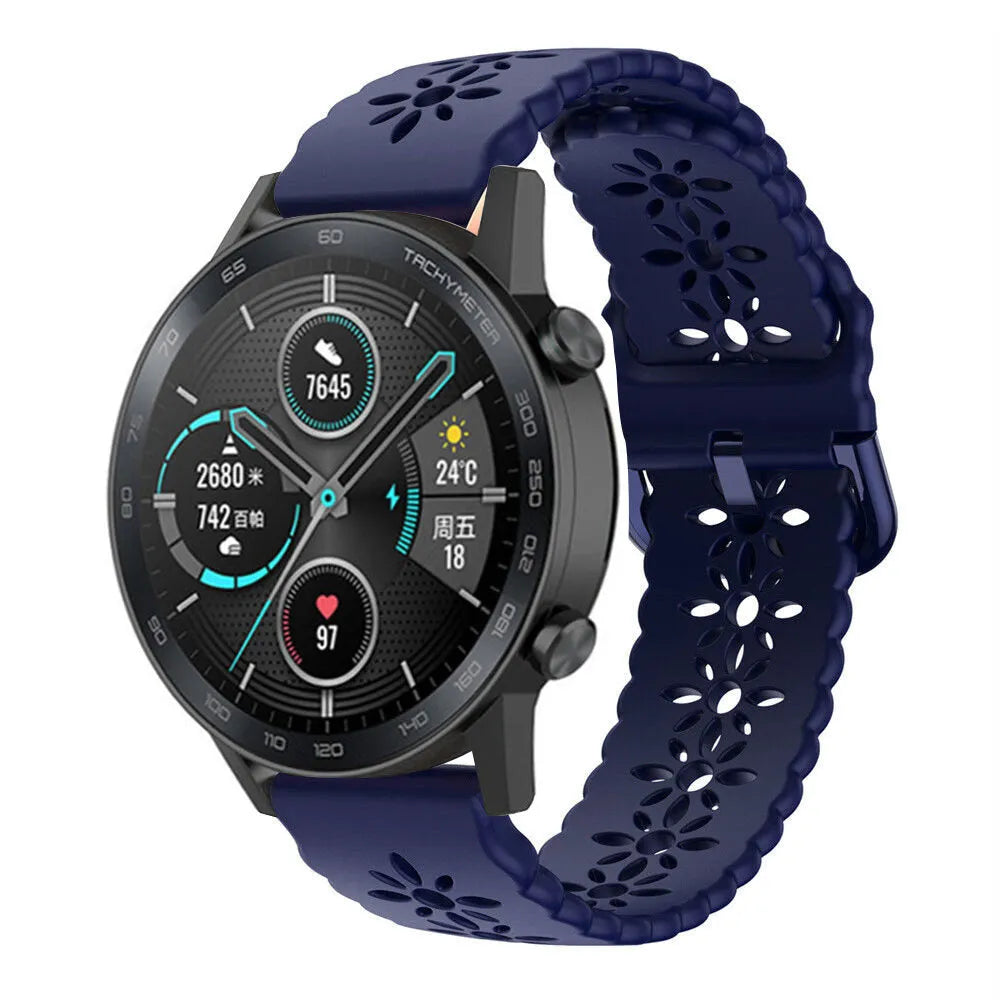 Patterned Silicone Strap, dark blue, on a watch, 3/4 front view