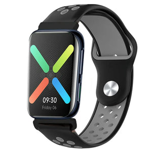 Silicone Sport Strap, black/grey, on a watch, 3/4 front view