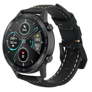Leather Strap, black, on a watch, 3/4 front view