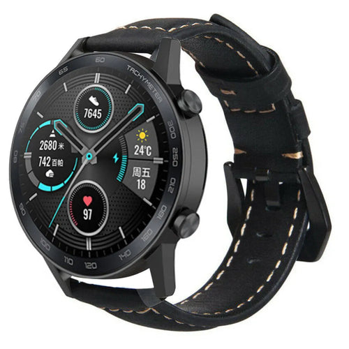 Leather Strap, black, on a watch, 3/4 front view