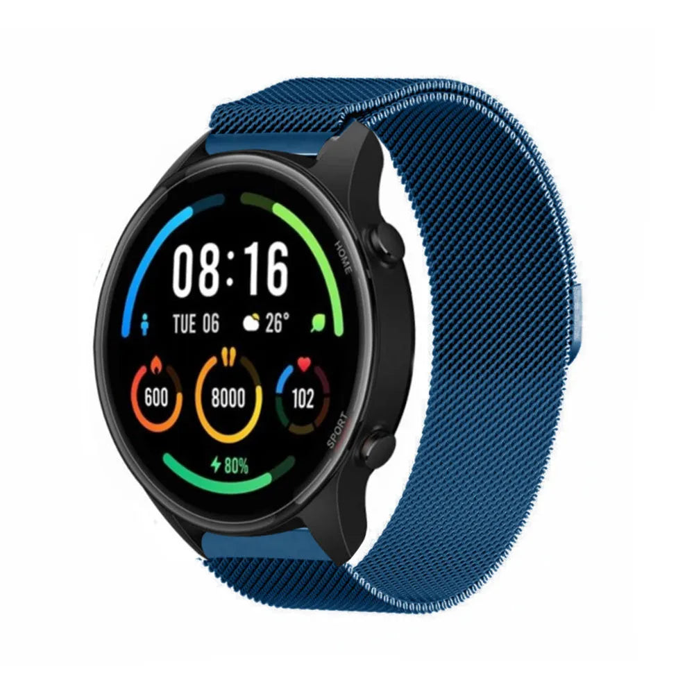 Milanese Strap, blue, on a watch, 3/4 front view