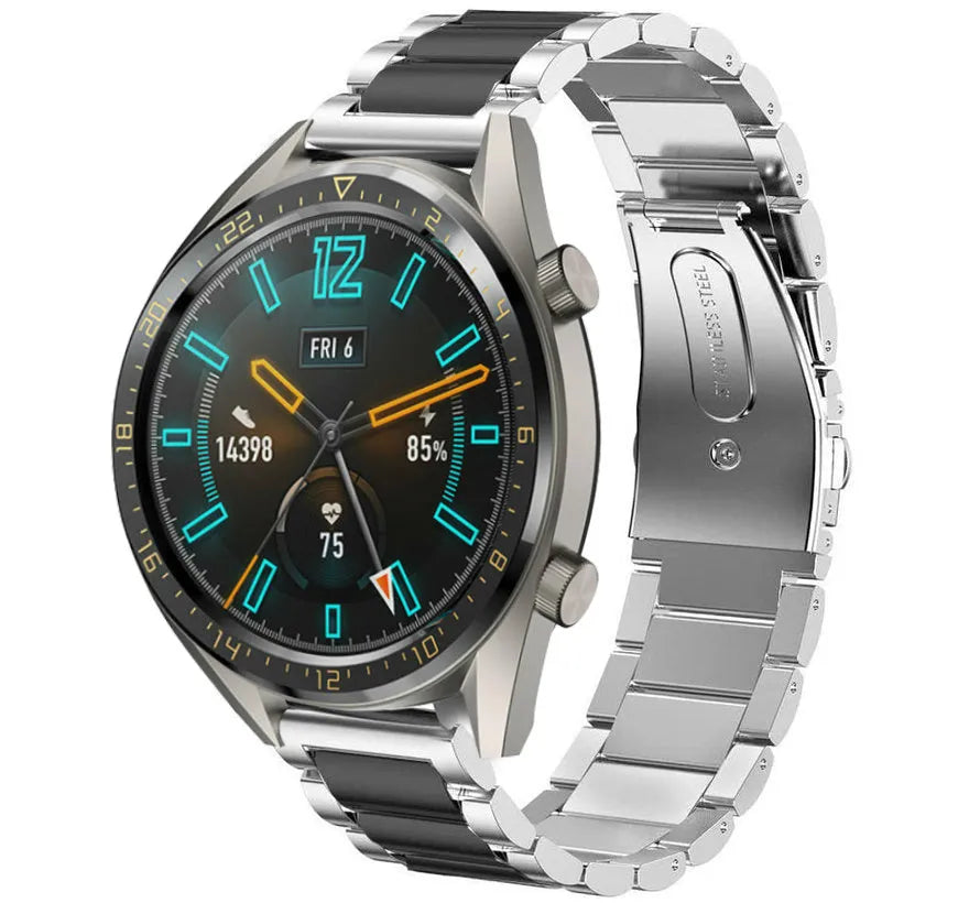 Steel Strap, silver/black, on a watch, 3/4 front view