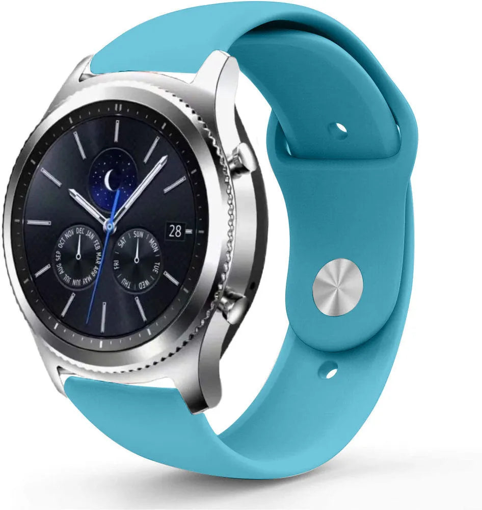 Silicone Sport Strap, light blue, on a watch, 3/4 front view