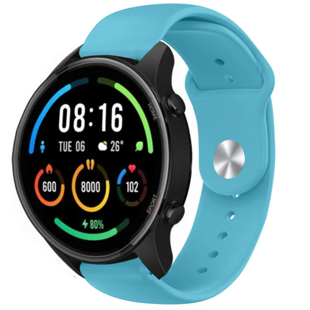 Silicone Sport Strap, light blue, on a watch, 3/4 front view