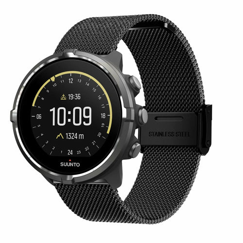 Milanese Strap, black, on a watch, 3/4 front view