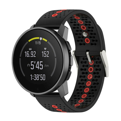 Silicone Strap, black/red, on a watch, 3/4 front view