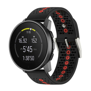 Silicone Strap, black/red, on a watch, 3/4 front view