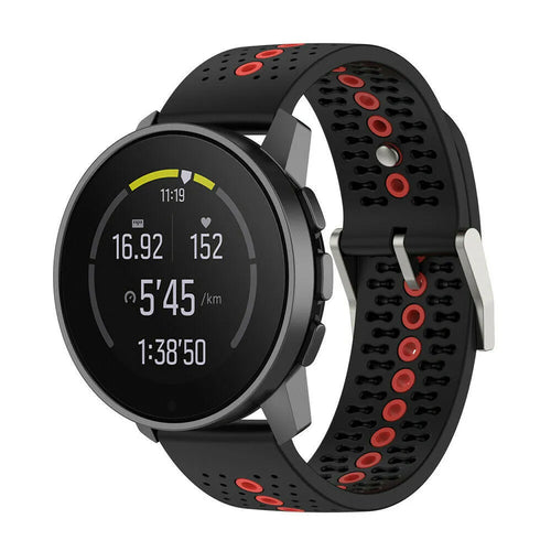 Silicone Strap, black/red, on a watch, 3/4 front view