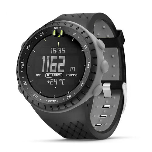 Silicone Sport Strap, black/grey, on a watch, 3/4 front view