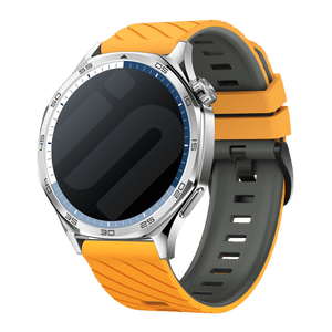 Silicone Twill Sport Strap, dark yellow/grey, on a watch, 3/4 front view