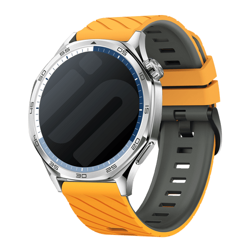 Silicone Twill Sport Strap, dark yellow/grey, on a watch, 3/4 front view