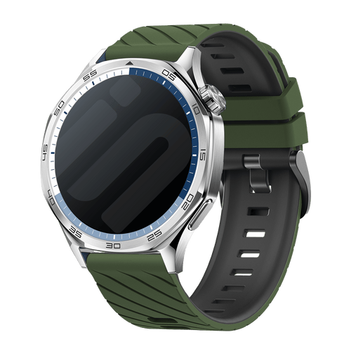 Silicone Twill Sport Strap, army green/black, on a watch, 3/4 front view