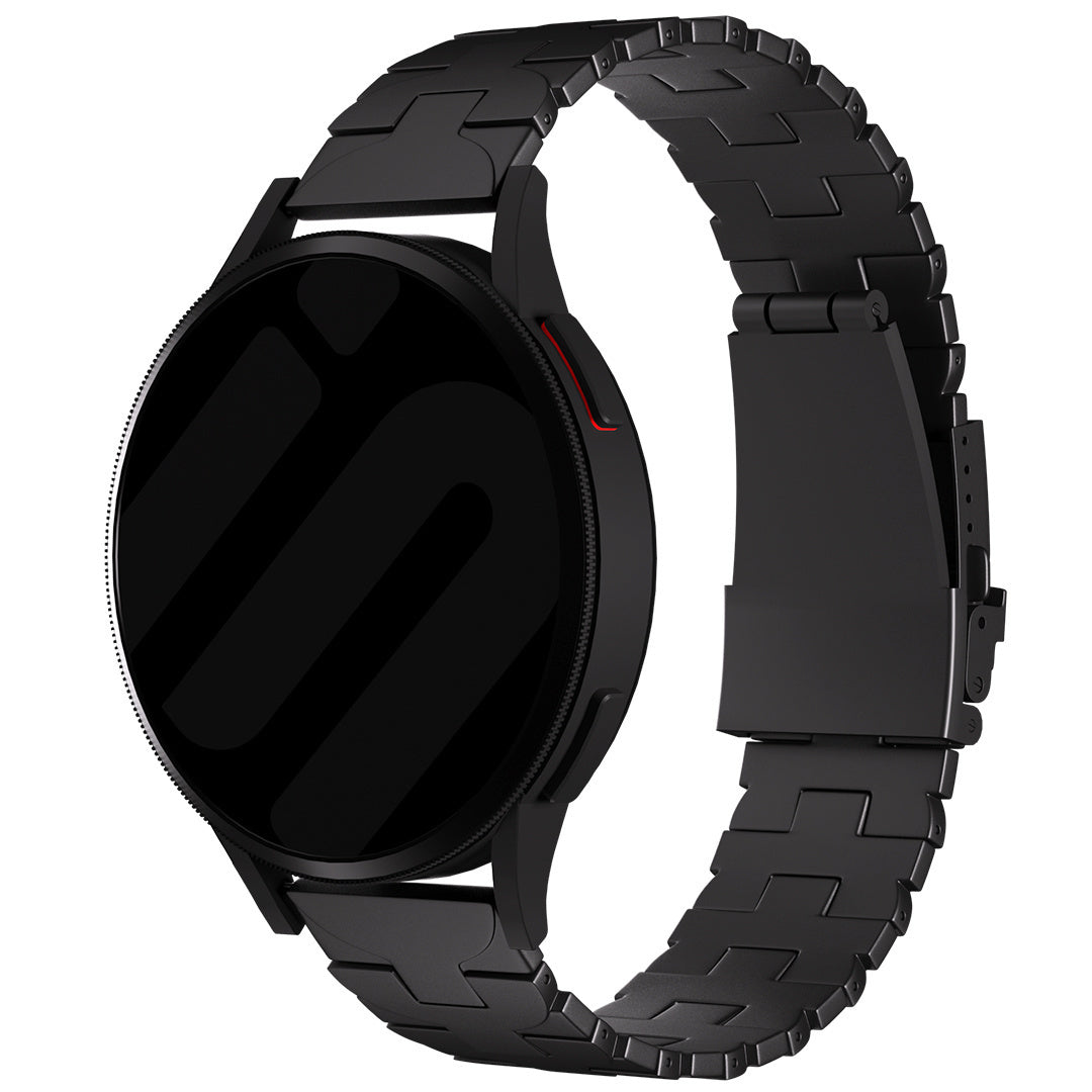 Butterfly Titanium Strap, black, on a watch, 3/4 front view