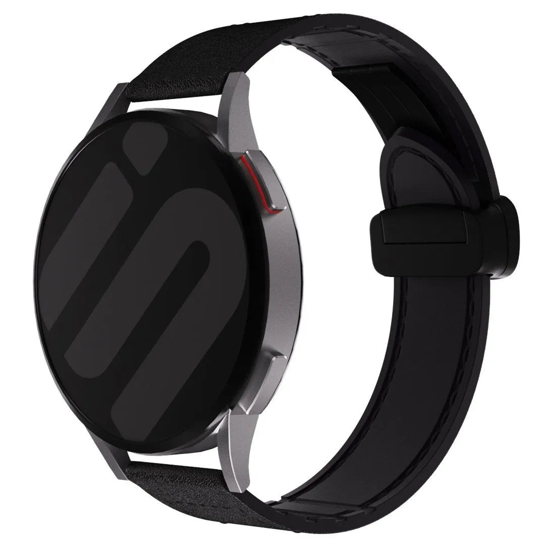 D-Buckle Leather Strap, black, on a watch, 3/4 front view
