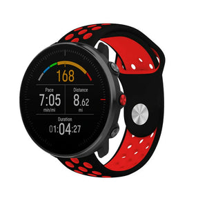 Silicone Sport Strap, black/red, on a watch, 3/4 front view