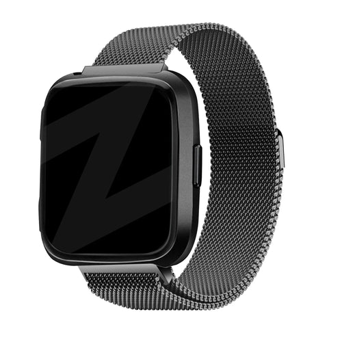 Milanese Loop Strap, black, on a watch, 3/4 front view