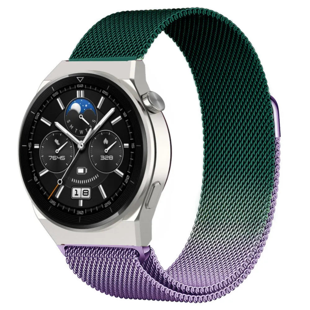 Milanese Strap, purple/green, on a watch, 3/4 front view