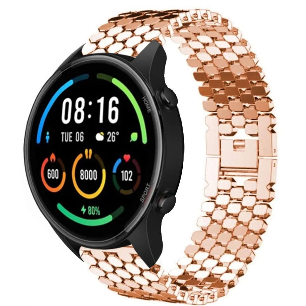 Steel Strap Hexagons, rose gold, on a watch, 3/4 front view