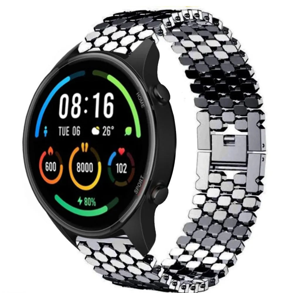 Steel Strap Hexagons, black, on a watch, 3/4 front view