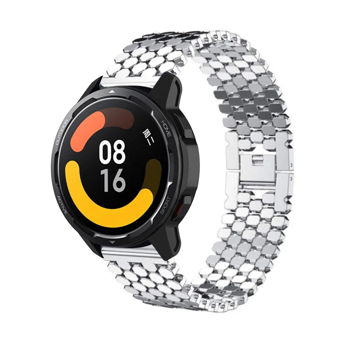 Steel Strap Hexagons, silver, on a watch, 3/4 front view