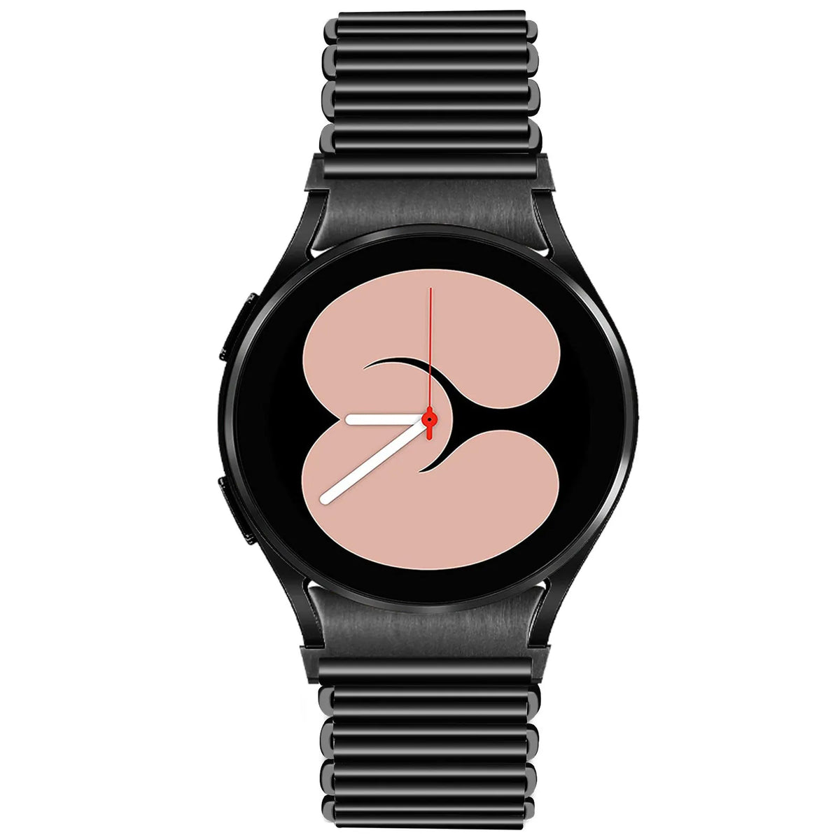 Steel Loop Strap, black, on a watch, 3/4 front view