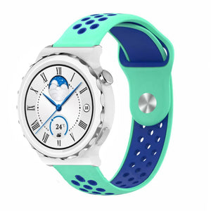 Silicone Sport Strap, aqua/blue, on a watch, 3/4 front view