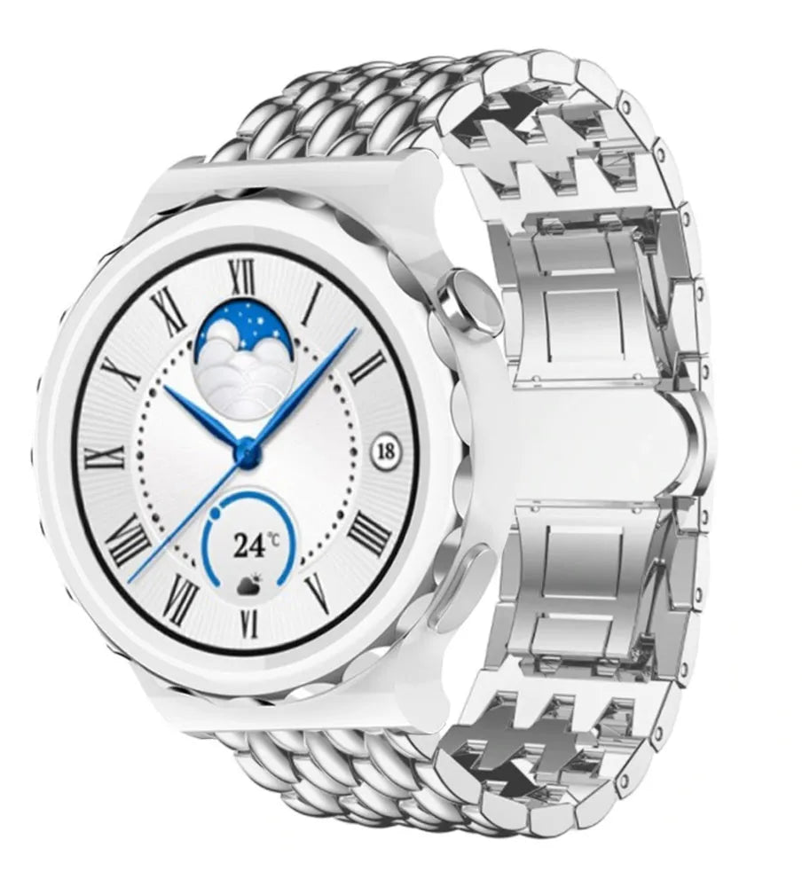 Steel Dragon Strap, silver, on a watch, 3/4 front view