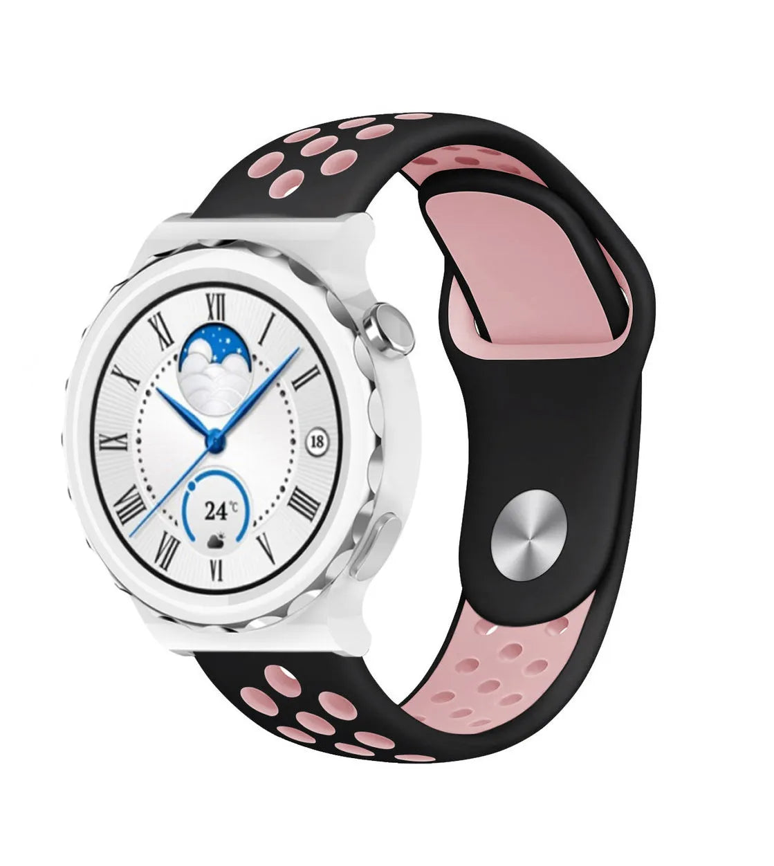 Silicone Sport Strap, black/pink, on a watch, 3/4 front view