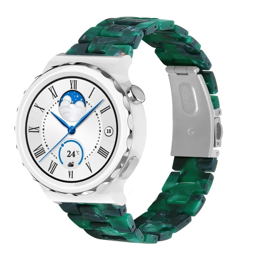 Metal Resin Strap, green, on a watch, 3/4 front view