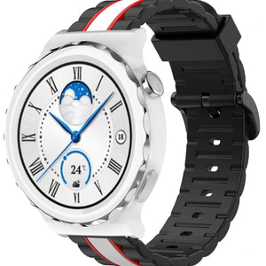 Silicone Special Edition Strap, black/white, on a watch, 3/4 front view