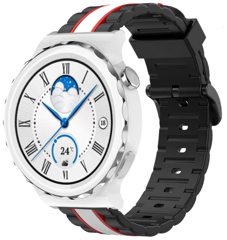 Silicone Special Edition Strap, black/white, on a watch, 3/4 front view