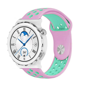 Silicone Sport Strap, pink/aqua, on a watch, 3/4 front view