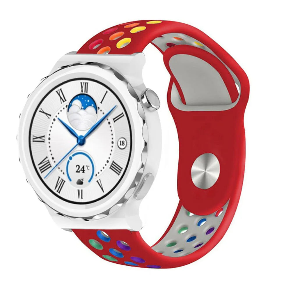 Silicone Sport Strap, red/colourful, on a watch, 3/4 front view
